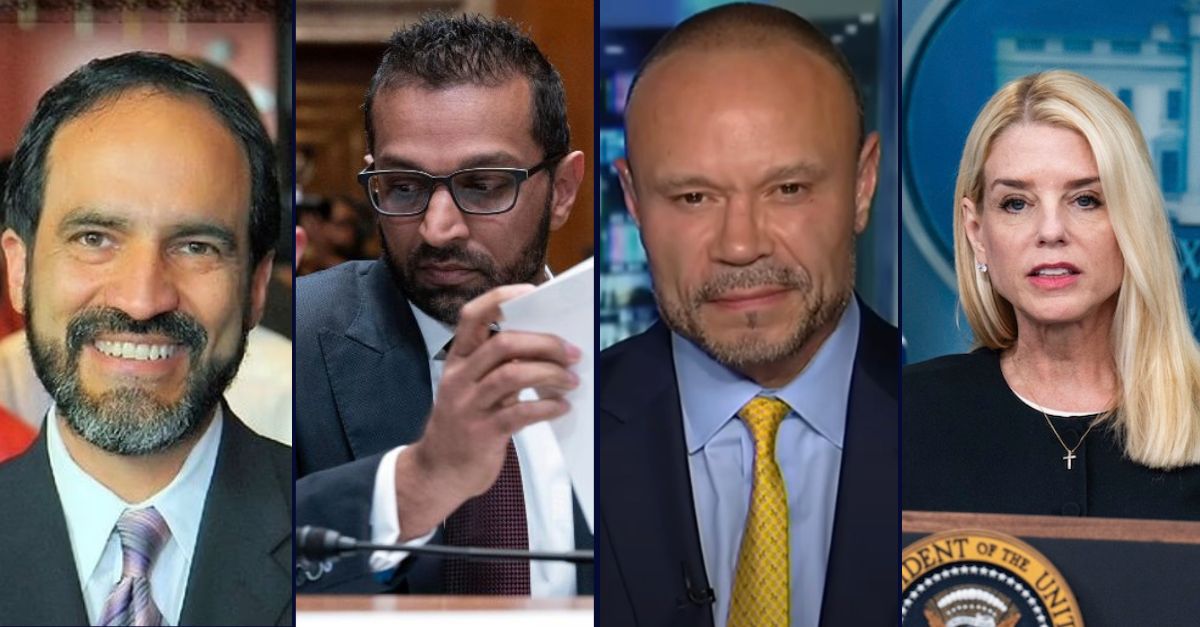 Left to right: Anibal Hernandez Santana (X/@AIHSantana), FBI Director Kash Patel testifies before Senate Committee on Appropriations and Subcommittee on Commerce, Justice, Science, and Related Agencies hearing to examine proposed budget estimates for fiscal year 2026 for the Federal Bureau of Investigation on Capitol Hill in Washington, Thursday, May 8, 2025 (AP Photo/Jose Luis Magana), Dan Bongino appearing on Fox News in June 2025, and Pam Bondi speaking at a press briefing with U.S. President Donald Trump in the James S. Brady Press Briefing Room in the White House in Washington, DC on Friday, June 27, 2025 (Photo by Annabelle Gordon/Sipa USA)(Sipa via AP Images).