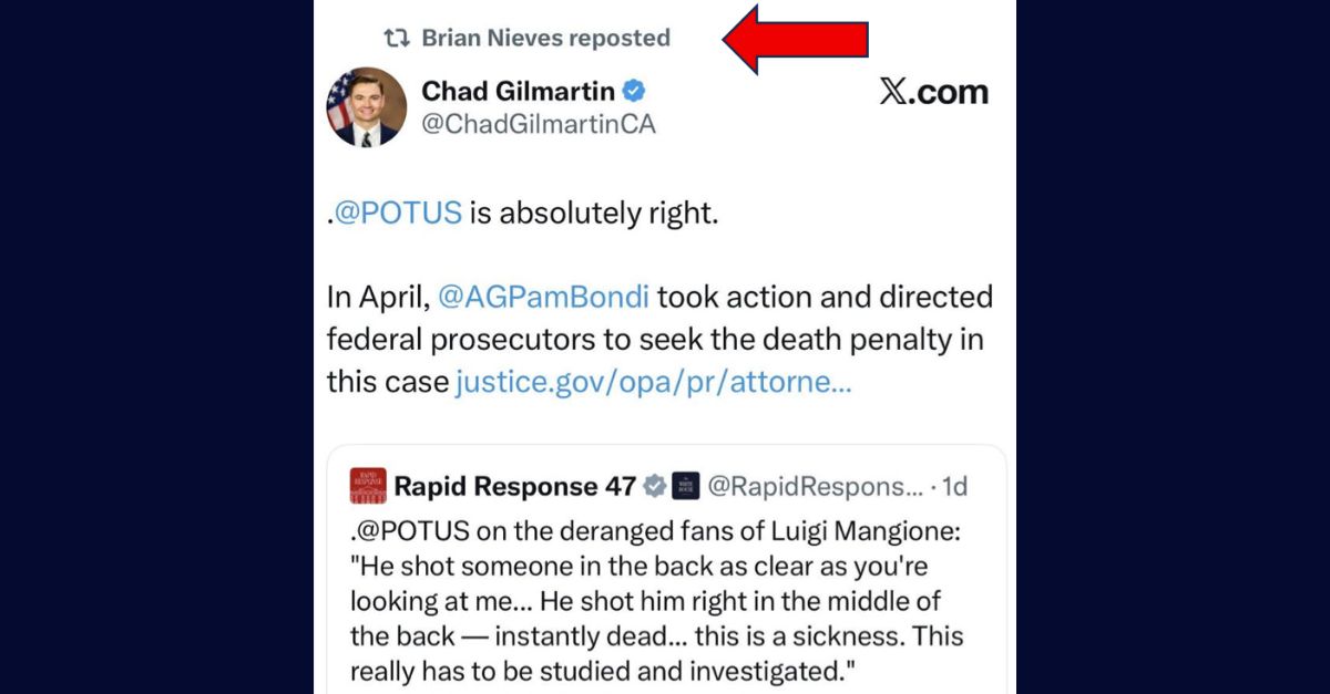 Chad Gilmartin post on X and Brian Nieves retweet referenced in Luigi Mangione defense's letter.