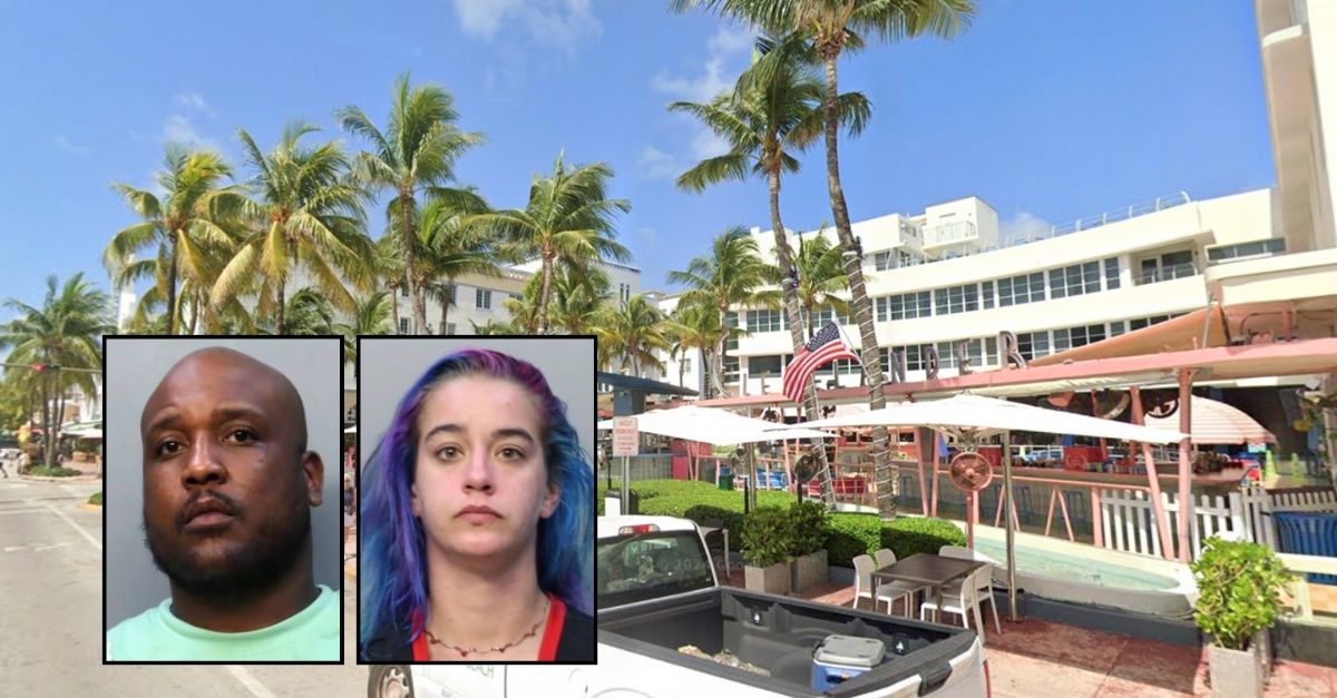 Insets: Phillip Fraisar and Kasey Buckmann (Miami-Dade Corrections and Rehabilitation Department). Background: The valet area outside the Clevelander Hotel in Miami Beach, Fla., where Phillip Fraisar and Kasey Buckmann were allegedly caught "hot-boxing" inside of their car with Fraisar