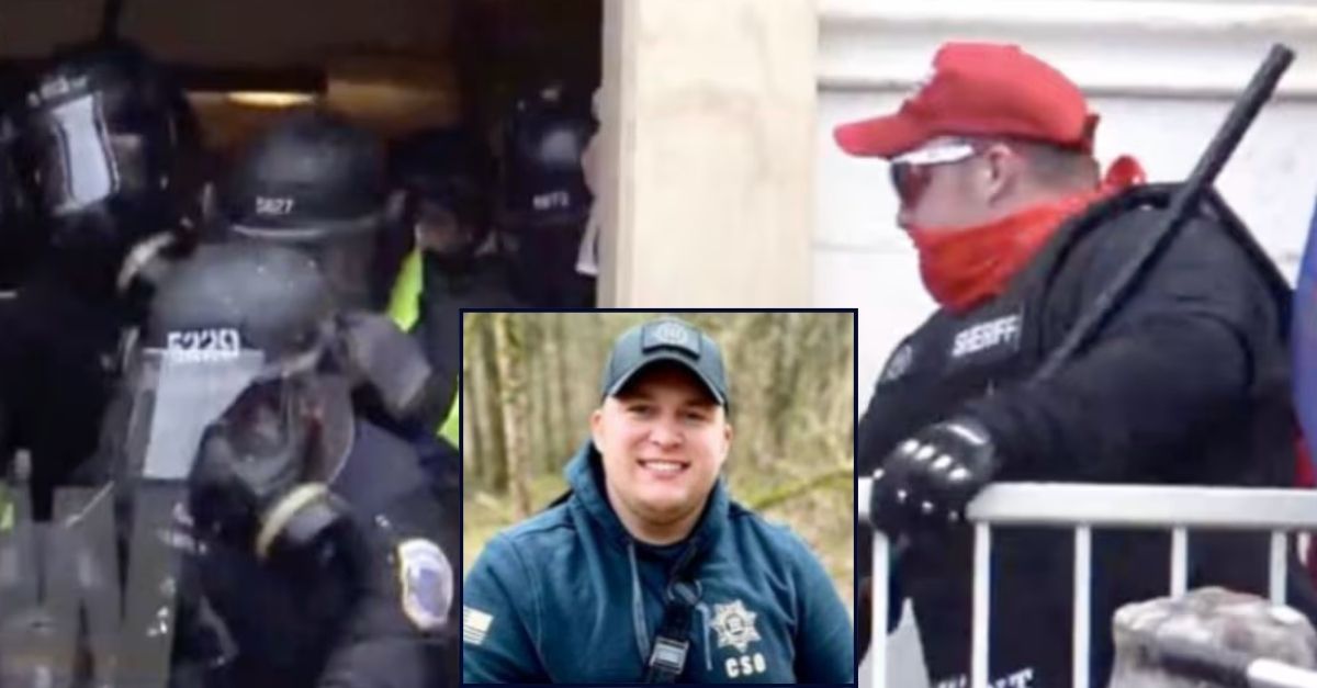 Inset: Ronald McAbee. Background: Ronald McAbee, wearing a red hat and scarf, at the U.S. Capitol on Jan. 6, 2021 (U.S. District Court for the District of Columbia).