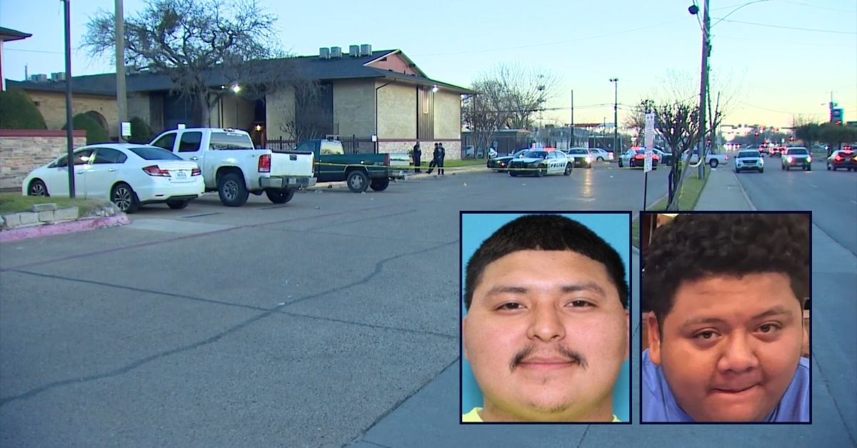 Left inset: Arnold Sustaita Zapata (Dallas Police Department). Right inset: Juvenal Antero (GoFundMe). Background: The Dallas apartment where Arnold Sustaita Zapata allegedly shot and killed Juvenal Antero during a home invasion (WFAA/YouTube).