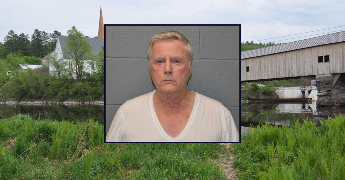 Charles "Chuck" Readey appears in a booking photo inset against an image of a covered bridge in Bath, New Hampshire.