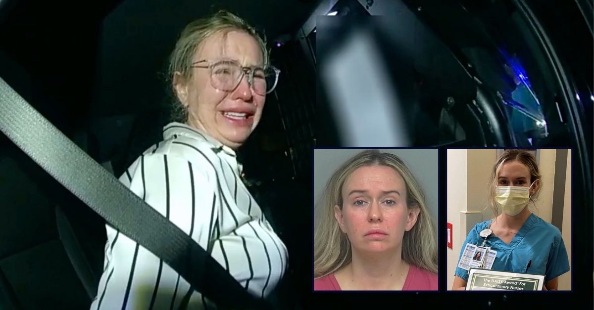 Left inset: Crystal Tadlock (Magnolia Police Department). Right inset: Crystal Tadlock accepting a nursing award from a local foundation in Texas (The Daisy Foundation). Background: Crystal Tadlock in the back of the police squad car during her alleged DWI arrest on Oct. 11, 2025, in Magnolia, Texas (Magnolia Police Department).