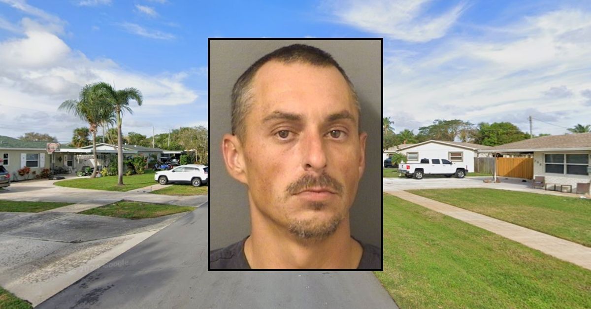 Inset: David Scarlott (Palm Beach County Sheriff's Office). Background: The 700 block of Huckleberry Lane in North Palm Beach, FLa., where David Scarlott allegedly hurled racist comments and threats at police officers (Google Maps).