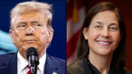 Left: Donald Trump speaks at the annual Road to Majority conference in Washington, DC, in June 2024 (Allison Bailey/NurPhoto via AP). Right: U.S. District Judge Karin Immergut (Stanford Law School).