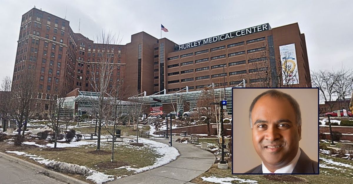 Inset: Dr. Sudesh Ebenezer (McLaren Health Care/Insight Institute of Neurosurgery & Neuroscience). Background: The Hurley Medical Center in Flint, Mich., where Dr. Sudesh Ebenezer says staff "lost track" of a 12-month-old baby who later died (Google Maps). 