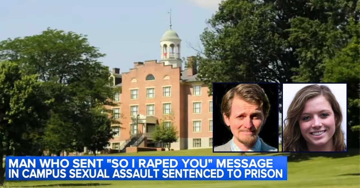 Left inset: Ian Cleary (U.S. Marshals). Right inset: Shannon Keeler (Gettysburg College). Background: The campus of Gettysburg College in Pennsylvania where Ian Cleary sexually assaulted Shannon Keeler (WPVI/YouTube).