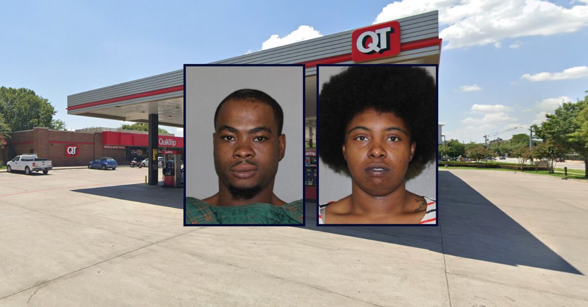 Inset left to right: Alfred Jackson Jr. and Olivia Guster appear in booking photos; inset against an image of a QuikTrip in Texas.