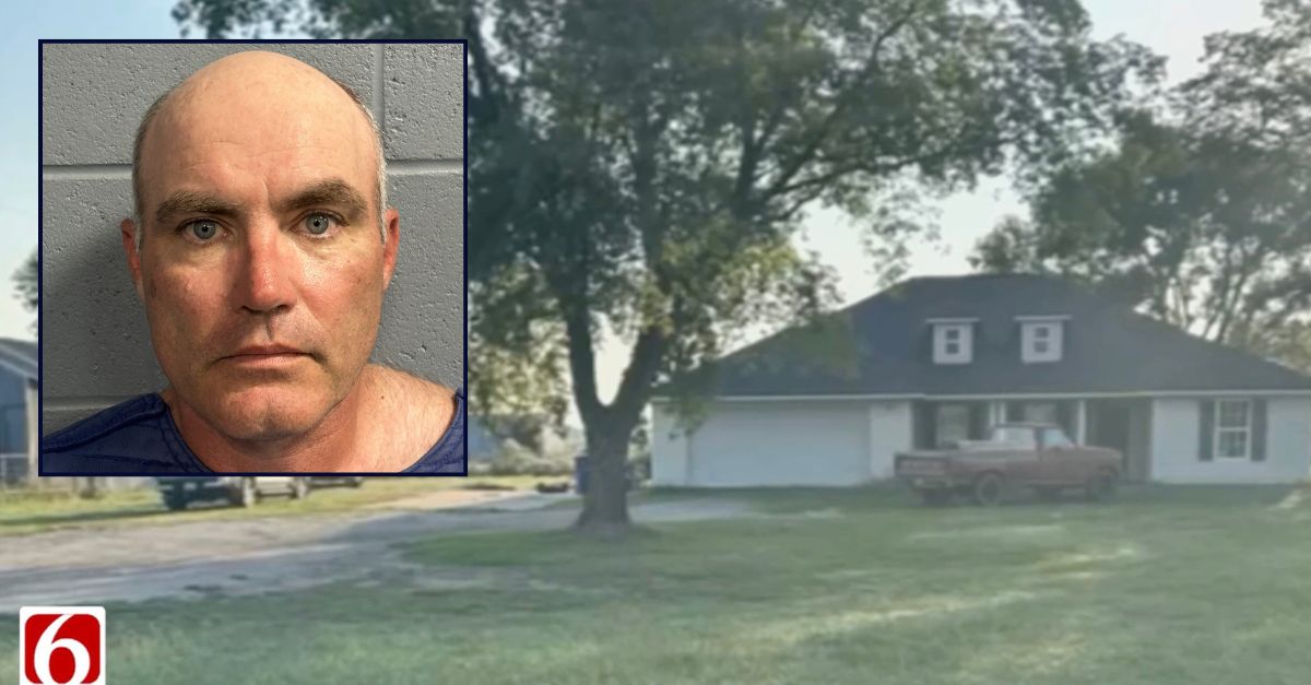 Inset: Clifton W. Hampton (Rogers County Jail). Background: The home where Hampton allegedly strangled his wife to death (KOTV).