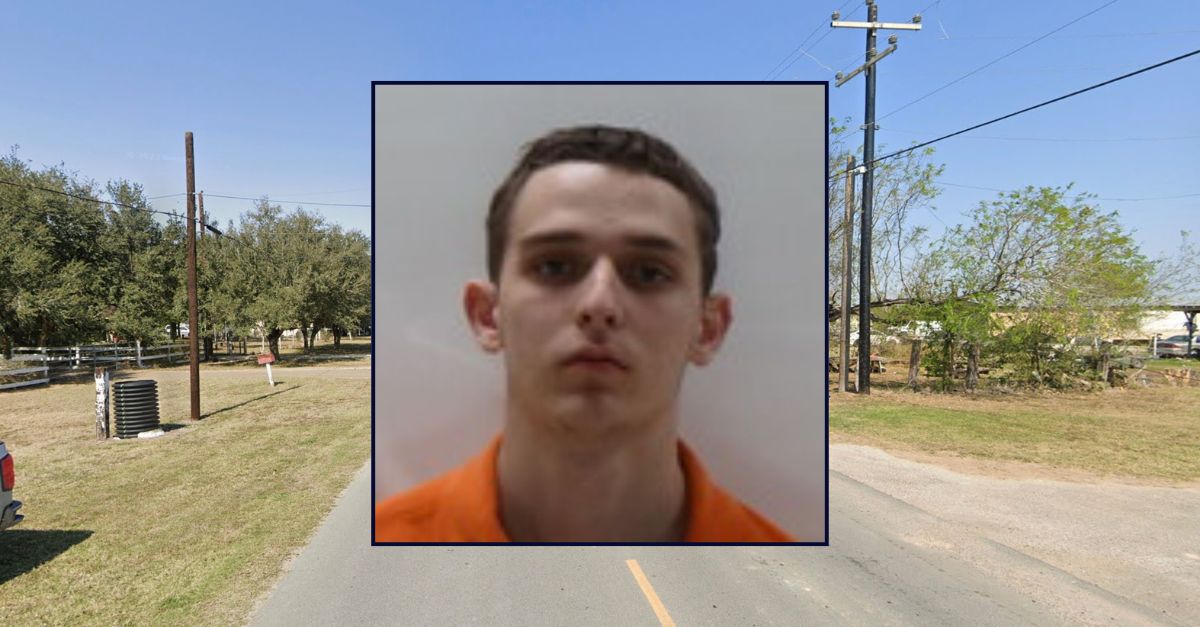 Inset: Dallas Scott Gilbert (Primera Police Department). Background: The street in Texas where Gilbert fatally stabbed his mother two years ago (Google Maps).
