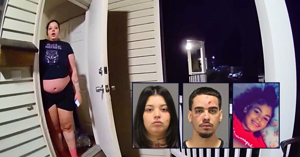 Left inset: Karla Garcia (New Britain Police Department). Center inset: Jonatan Nanita (NBPD). Right inset: Jacqueline "Mimi" Torres-Garcia (GoFundMe). Background: Body camera footage showing police speaking with Karla Garcia in December 2024 at the Connecticut home where she was allegedly hiding her dead 12-year-old daughter (NBPD).
