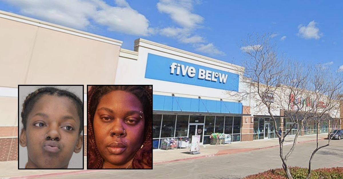 Left inset: Keona Hampton (Dallas County Jail). Right inset: Cecilia Simpson (Facebook). Background: The Five Below in Dallas, Texas, where Keona Hampton and Cecilia Simpson