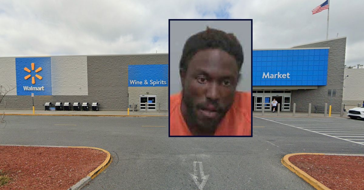 Rakime Johnson appears in a booking photo inset against an image of a Walmart in Florida.