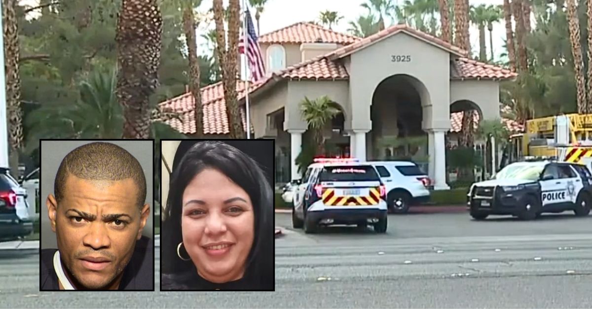 Left inset: Roidan Mendoza (Las Vegas Metropolitan Police Department). Right inset: Marillorky Tamayo Cruz (GoFundMe). Background: The Destinations Spring Valley apartment complex at 3925 S. Jones Blvd. in Las Vegas, Nev., where Roidan Mendoza shot and killed his estranged wife Marillorky Tamayo Cruz (KTNV).