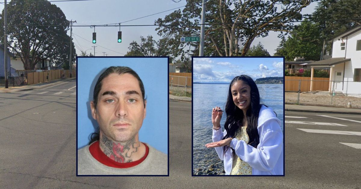 Inset left, Donald Wayne Rownan; inset right; Paola Parbol Arredondo; against an image of the intersection where Rownan allegedly took Arredondo