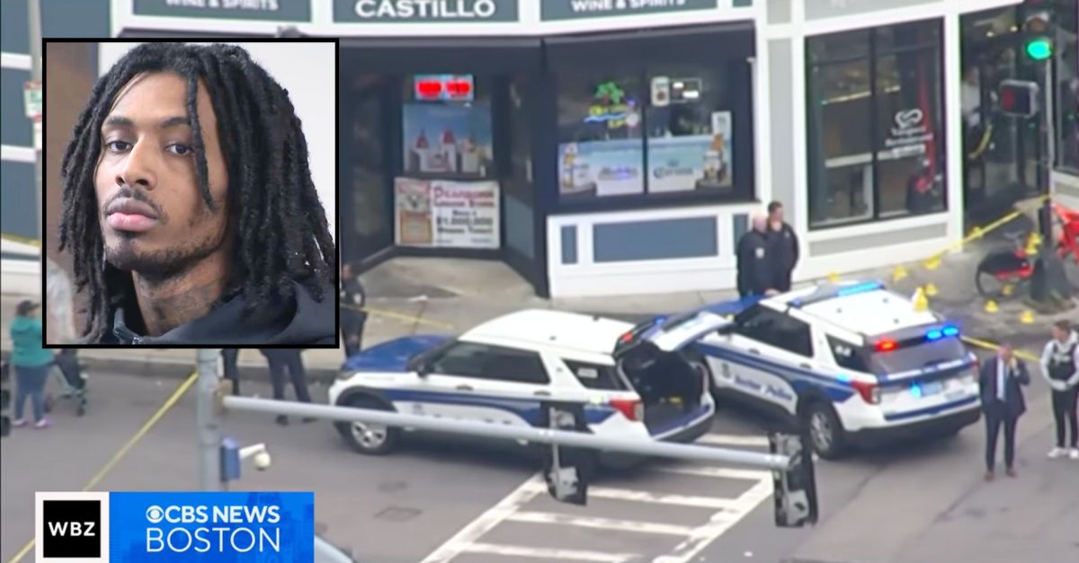 Inset: Shawn Walker (WBZ/YouTube). Background: Law enforcement officers respond to a shooting on 258 Dudley Street in Boston, Massachusetts (WBZ/YouTube).