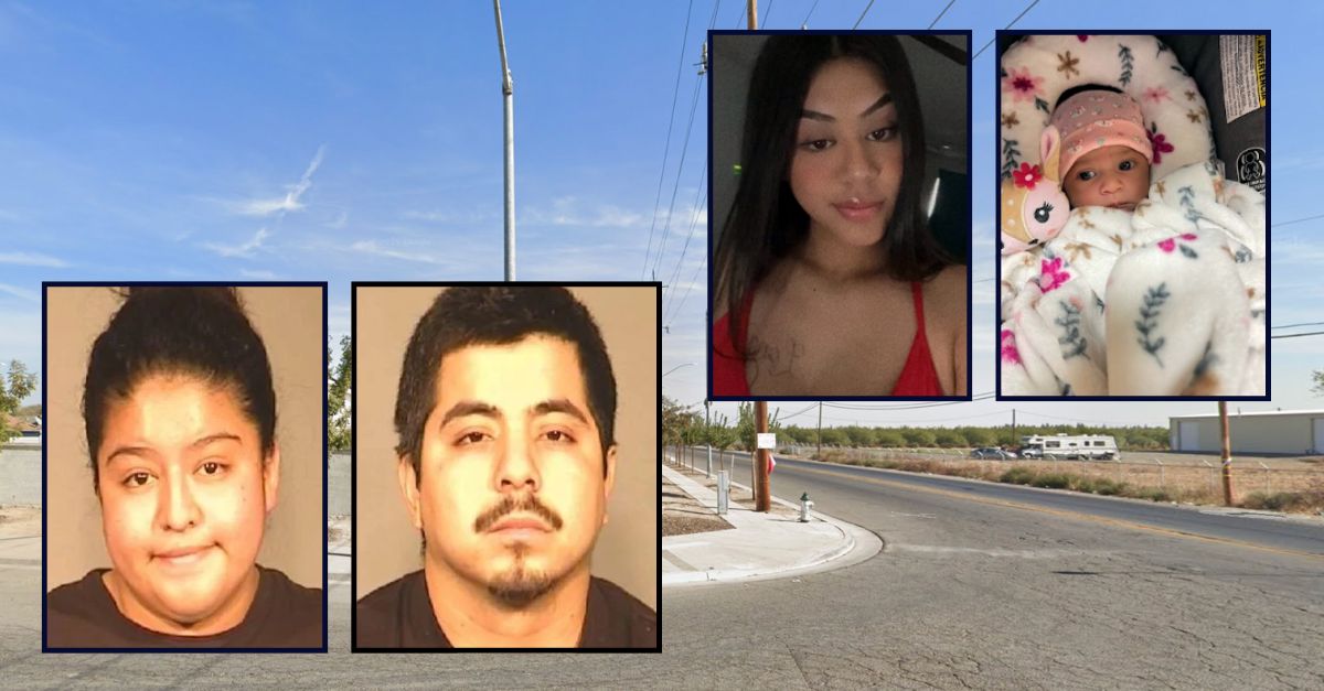 Inset bottom left: Yarelly Solorio-Rivera and Martin Arroyo-Morales appear in booking photos; inset top right: Yanelly Solorio Rivera and Celine Solorio Rivera; inset against an image of the neighborhood where the older sister shot and killed her younger sister and niece.