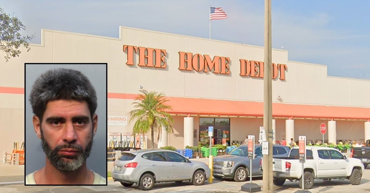 Inset: Timothy Aviles (Miami Dade Corrections & Rehabilitation Center). Background: The Home Depot hardware store in Miami-Dade County, Fla., where Timothy Aviles allegedly made a false bomb threat (Google Maps). 