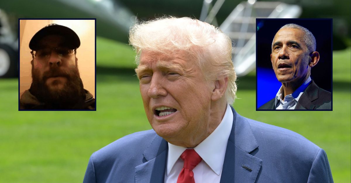 Taylor Taranto is inset on the top left; Barack Obama is inset on the top right; against an image of Donald Trump.