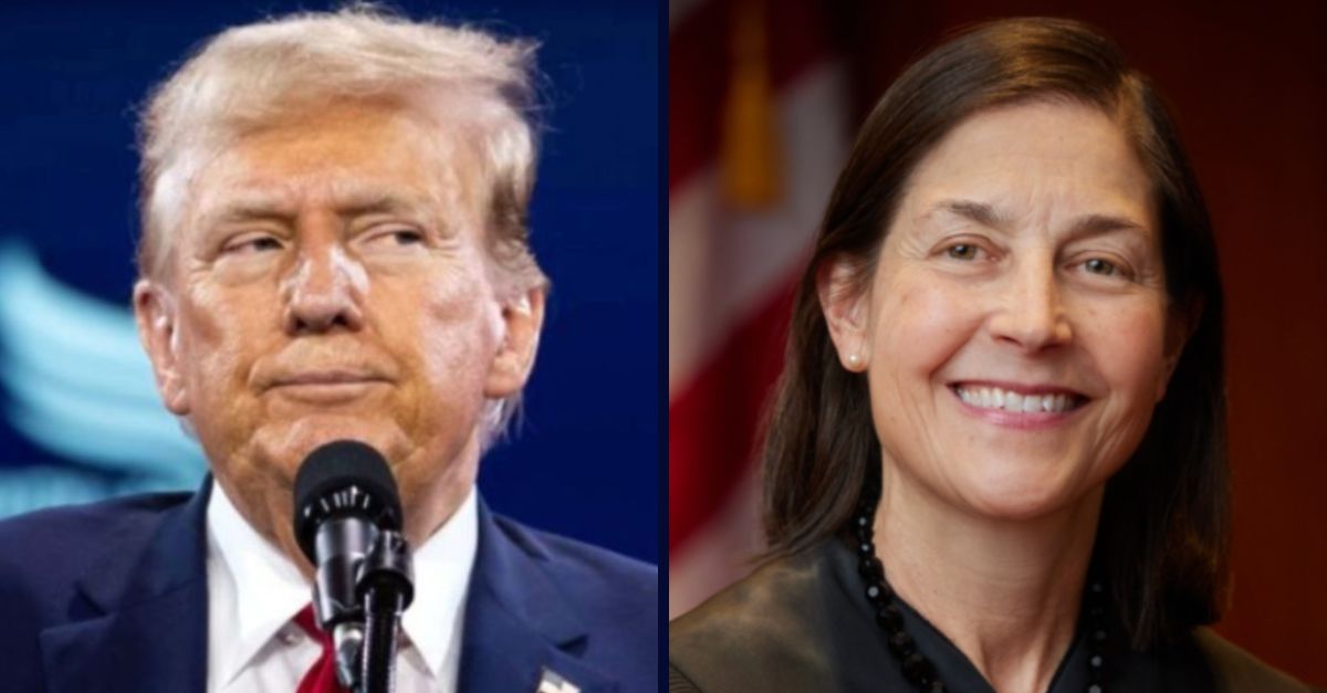 Left: Donald Trump speaks at the annual Road to Majority conference in Washington, DC, in June 2024 (Allison Bailey/NurPhoto via AP). Right: U.S. District Judge Karin Immergut (Stanford Law School). 