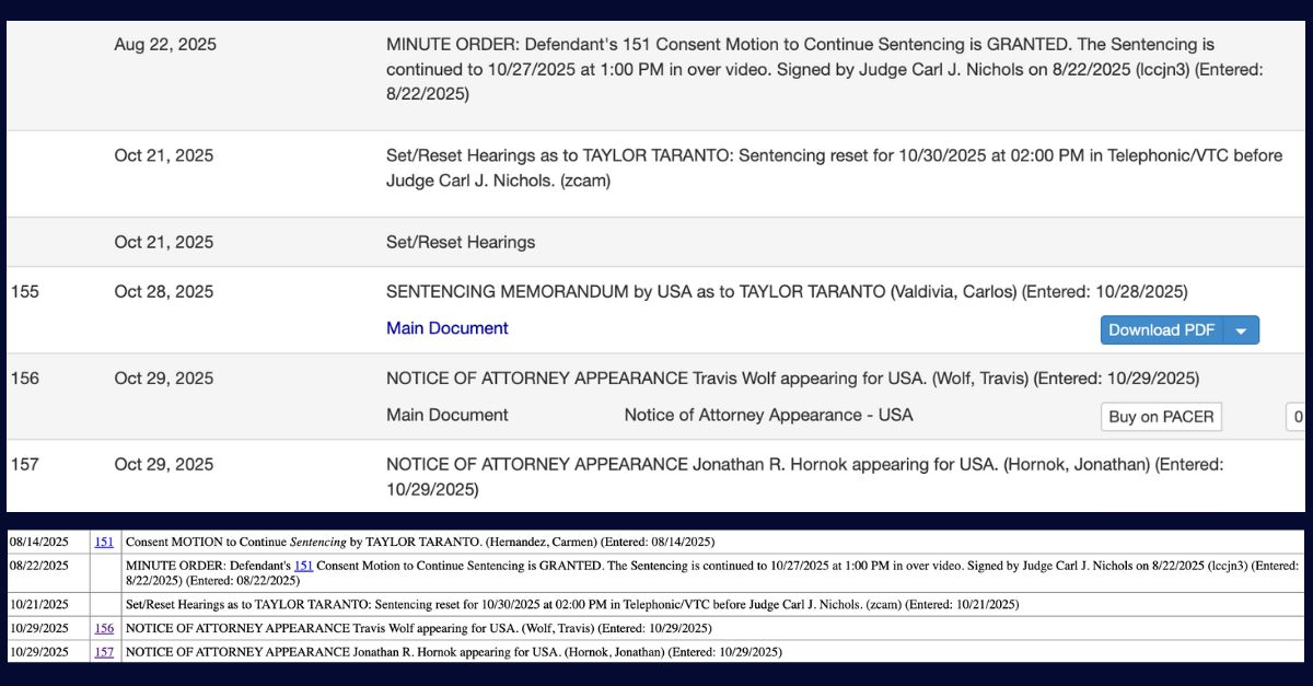 Dockets in a criminal case showing the removal of a sentencing memo
