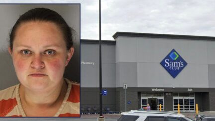 Inset: Jessica M. Motes (Hall County Sheriff's Office). Background: The Sam's Club where a 4-year-old girl was allegedly found in the trunk of Motes' car (Google Maps).