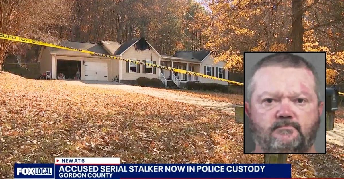 Inset: Charles Battles (Gordon County Sheriff's Office). Background: The home in Gordon County, Ga., that Charles Battles allegedly set on fire with a mother and her "small child" inside (WAGA).