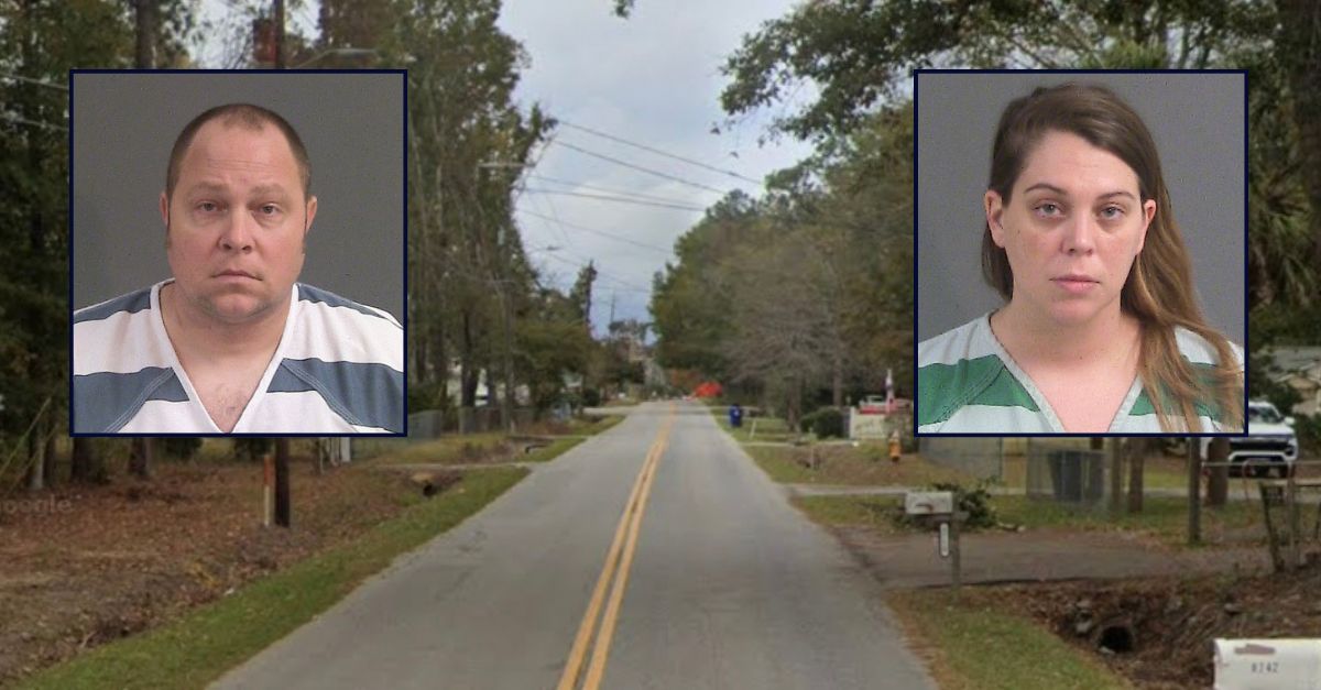 Inset, left to right: Kevin C. Clark and Victoria L. Delaune (Charleston County Jail). Background: The area in South Carolina where Clark lived with his now-deceased mother (Google Maps).