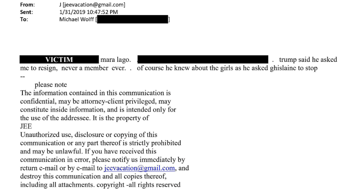 A 2019 email exchange between Michael Wolff and Jeffrey Epstein