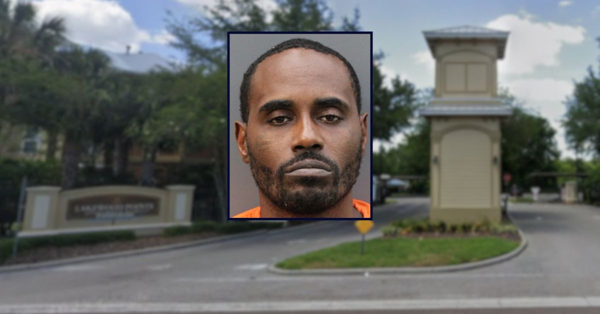 Eric Patterson appears in a booking photo inset against an image of an apartment complex in Florida.