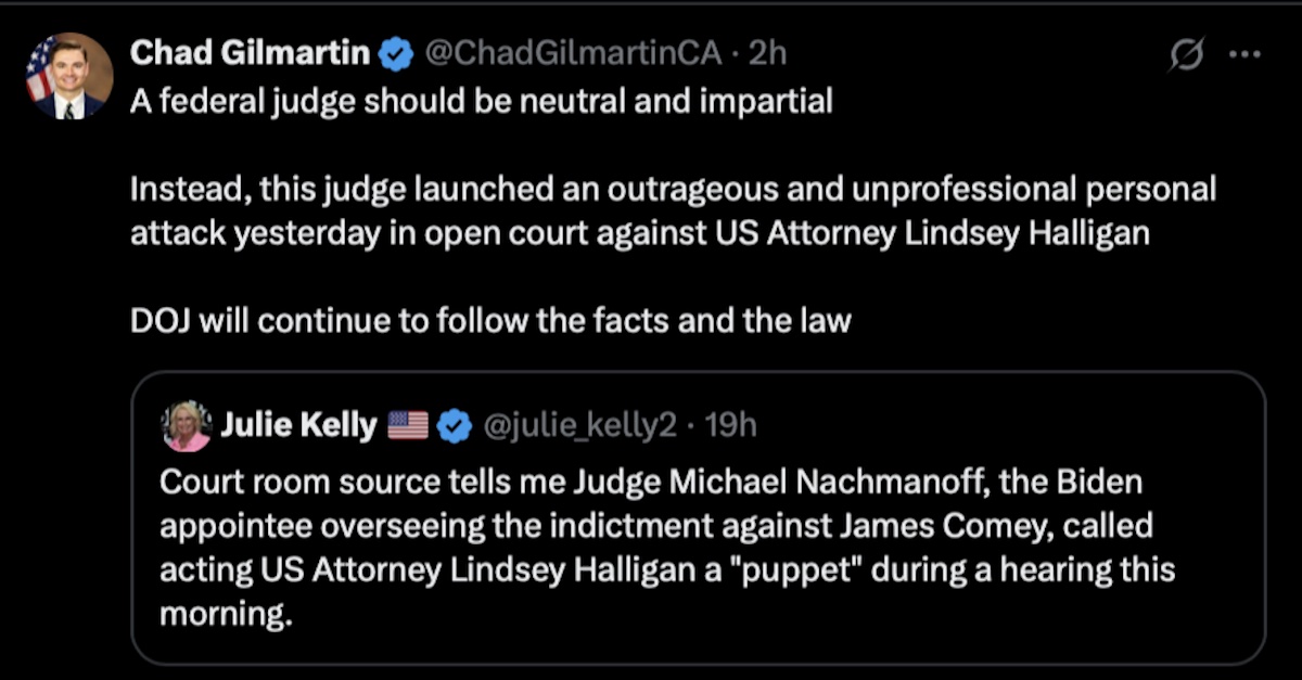 DOJ spox Chad Gilmartin's criticism of Judge Michael Nachmanoff on Nov. 20, 2025 (@ChadGilmartinCA/X)