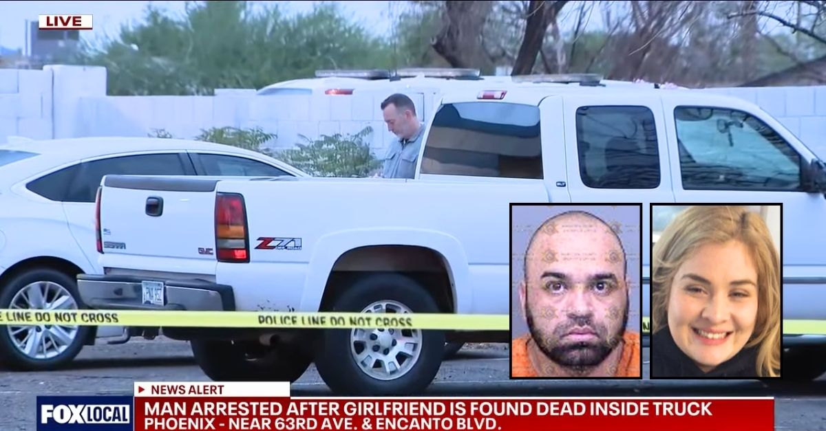 Right inset: Josue Barreras Anaya (Maricopa County Sheriff's Office). Right inset: Jessica Guzman (GoFundMe). Background: The truck that Josue Barreras Anaya allegedly used to drop off his girlfriend's dead body at a Phoenix Police station after murdering her, cops say (KSAZ/YouTube).