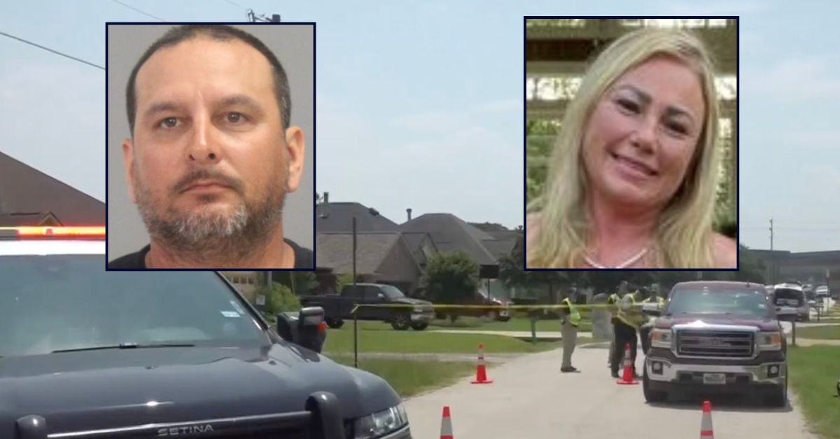 Inset, left to right: Brian Jutson Sr. (Brazos County Jail) and Sherry Jutson (GoFundMe). Background: Police at the home where Brian Jutson killed his wife in 2023 (KAGS).