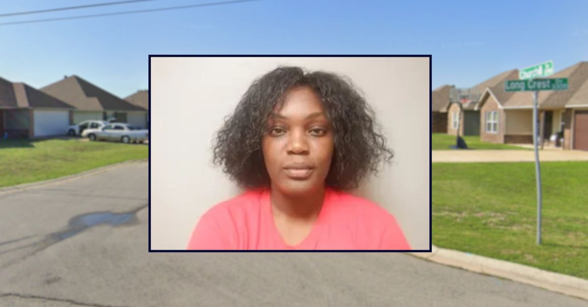 Lyrica Maisha Noble appears in a booking photo inset against an image of a suburban street in Arkansas.