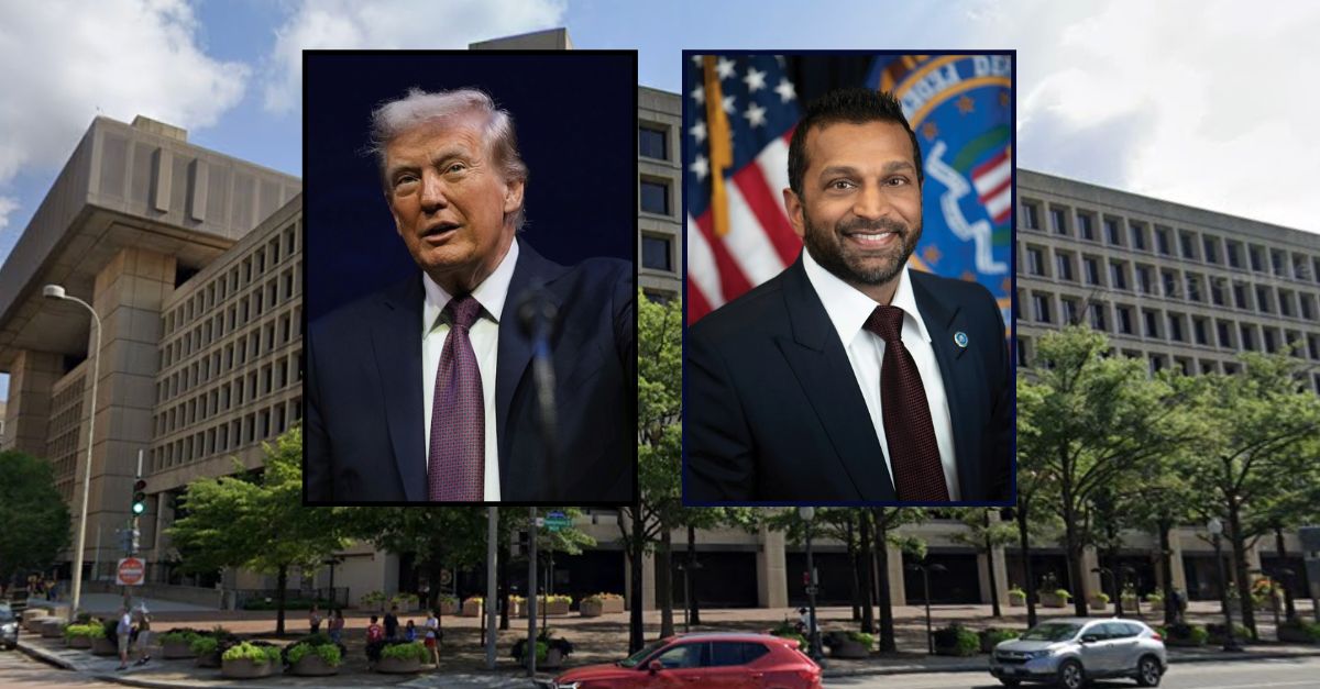Donald Trump and Kash Patel appear inset against an image of the FBI headquarters.