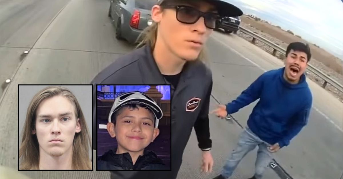 Left inset: Tyler Johns ((Henderson Police Department). Right inset: Brandon Dominguez-Chavarria (GoFundMe). Background: Body camera footage showing father Valente Ayala pleading with police after Tyler Johns allegedly shot and killed his son Brandon Dominguez-Chavarria during a road rage incident (Las Vegas Metropolitan Police).
