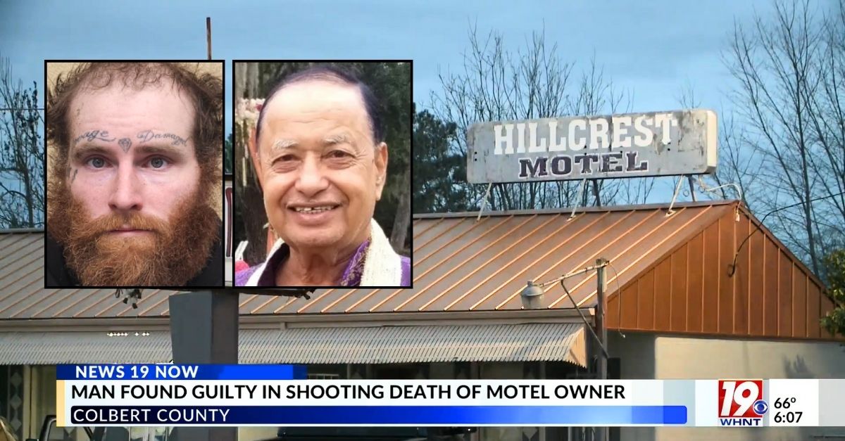 Left inset: William Moore (Colbert County Sheriff's Office). Right inset: Pravin Patel (Morrison Funeral Homes and Crematory). Background: The Hillcrest Motel in Colbert County, Ala., where William Moore shot and killed owner Pravin Patel (WHNT/YouTube).