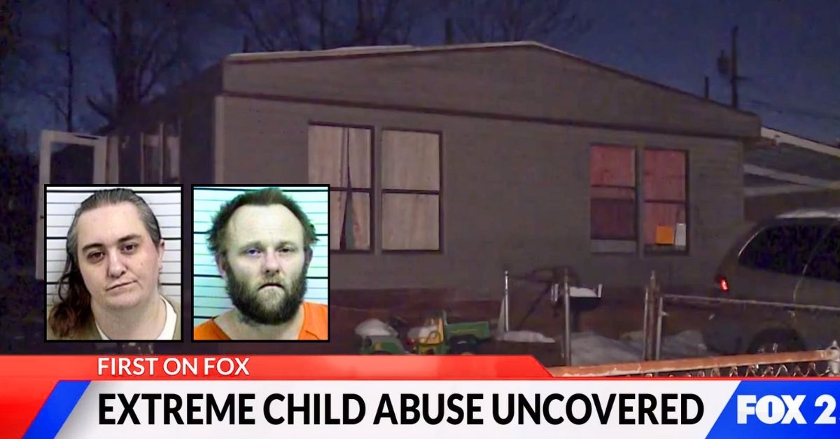 Insets: Amberly Britton and Mark Myers (St. Charles County Corrections). Background: The Missouri home where Amberly Britton and Mark Myers allegedly starved and locked up their children (KTVI/YouTube).