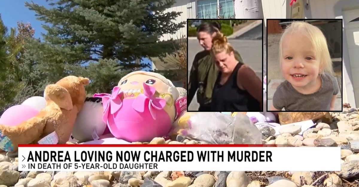 Left inset: Andrea Loving being taken into custody for the murder of her 5-year-old daughter Izabella (KRNV/YouTube). Right inset: Izabella Loving (KRNV). Background: A memorial set up in Nevada for Izabella Loving (KRNV/YouTube).