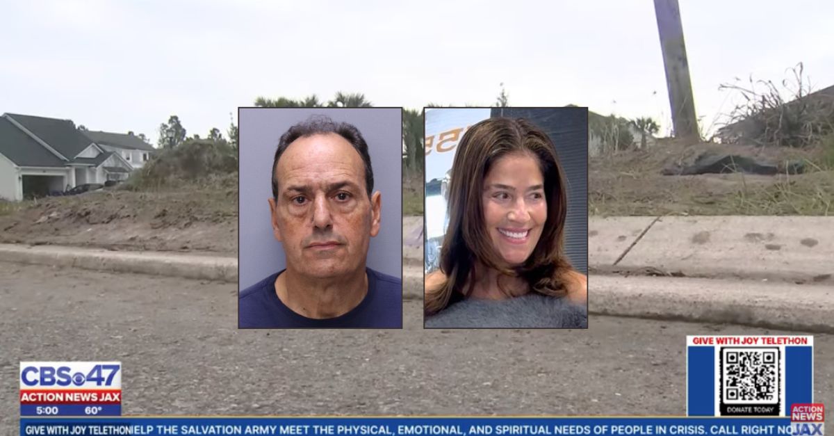 Background: The neighborhood where Christina Theodosiou died after falling from a golf cart allegedly being driven by her husband, Angelo Theodosiou (YouTube/WJAX). Insets, left to right: Angelo Theodosiou (St. Johns County Sheriff