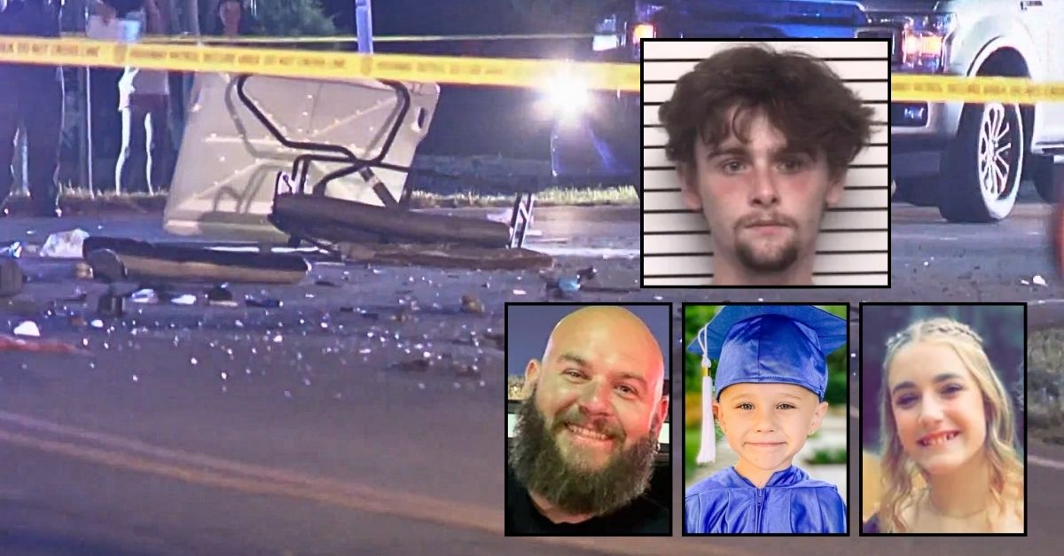 Insets, from top to bottom clockwise: Austin Harmon, Jada Marlowe, Bentley Marlowe and Michael Marlowe (Iredell County Sheriff's Office/GoFundMe). Background: The scene of the drunk driving golf cart crash in North Carolina that was caused by Austin Harmon and took the lives of Michael Marlowe and his two children, Bentley Marlowe and Jada Marlowe, in 2022 (WCNC/YouTube).