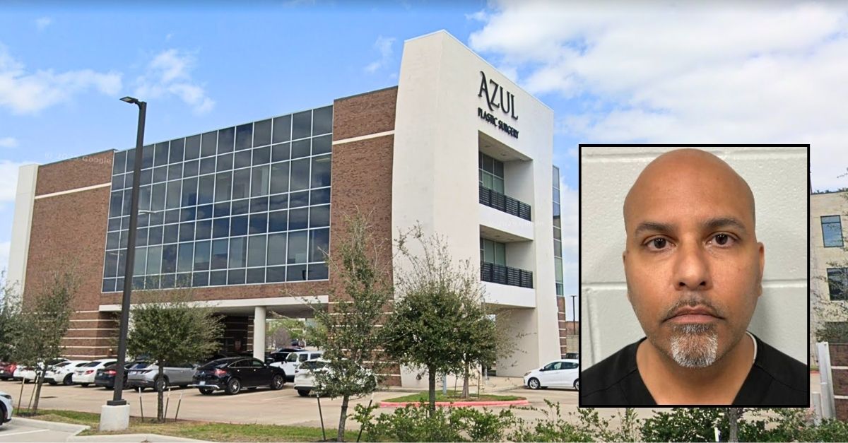 Inset: Azul Shirazali Jaffer (Sugar Land Police Department). Background: The Houston-based office of Dr. Azul Shirazali Jaffer, who is accused of performing a surgery while intoxicated (Google Maps).
