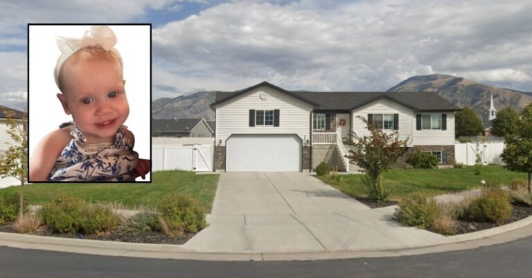 Background: The home where Carrie Murray and Mitchell Murray allegedly killed their daughter, Ruby Marie Murray, in Nibley, Utah (Google Maps). Inset: Ruby Marie Murray (Gillies Mortuary).