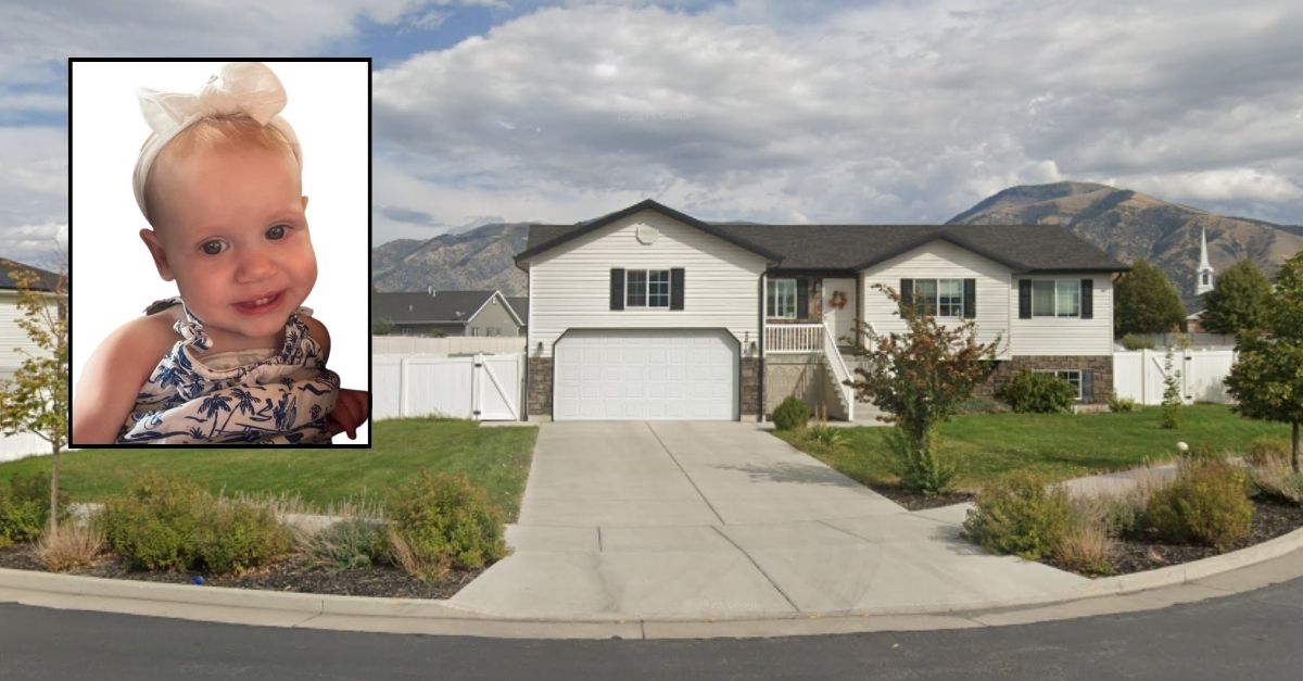 Background: The home where Carrie Murray and Mitchell Murray allegedly killed their daughter, Ruby Marie Murray, in Nibley, Utah (Google Maps). Inset: Ruby Marie Murray (Gillies Mortuary).