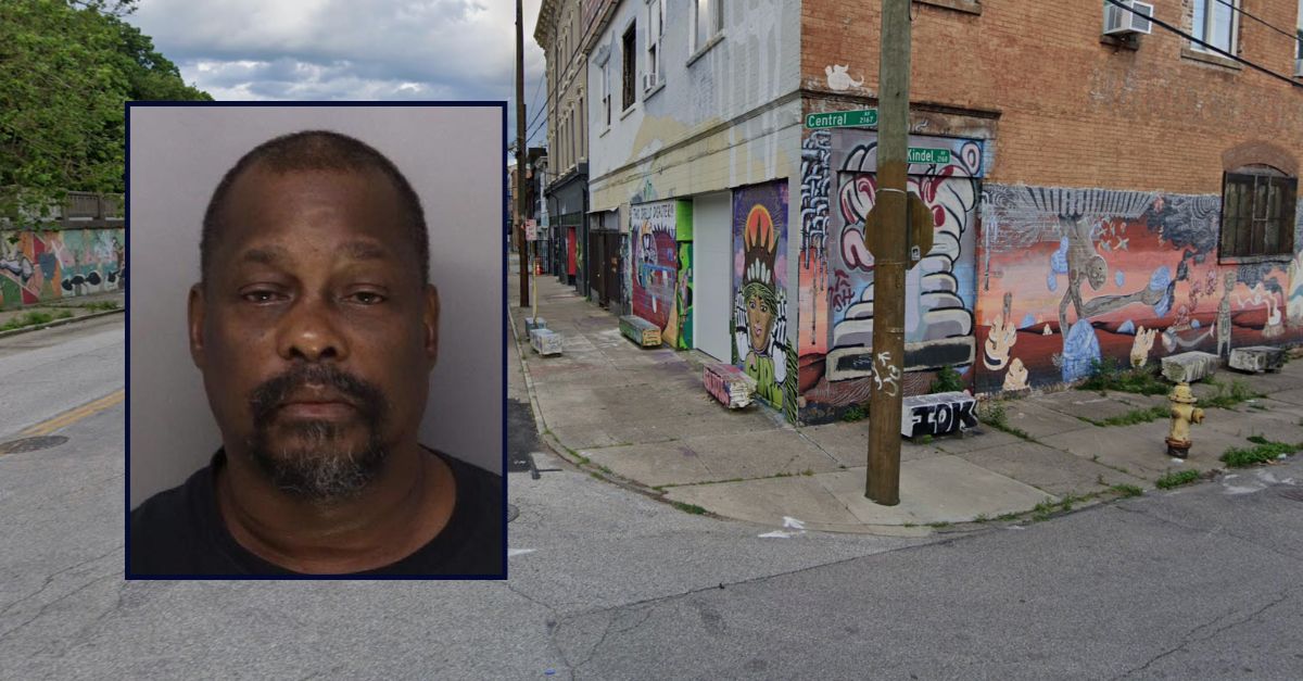 James Brown appears in a booking photo inset against an image of an intersection in Cincinnati. 