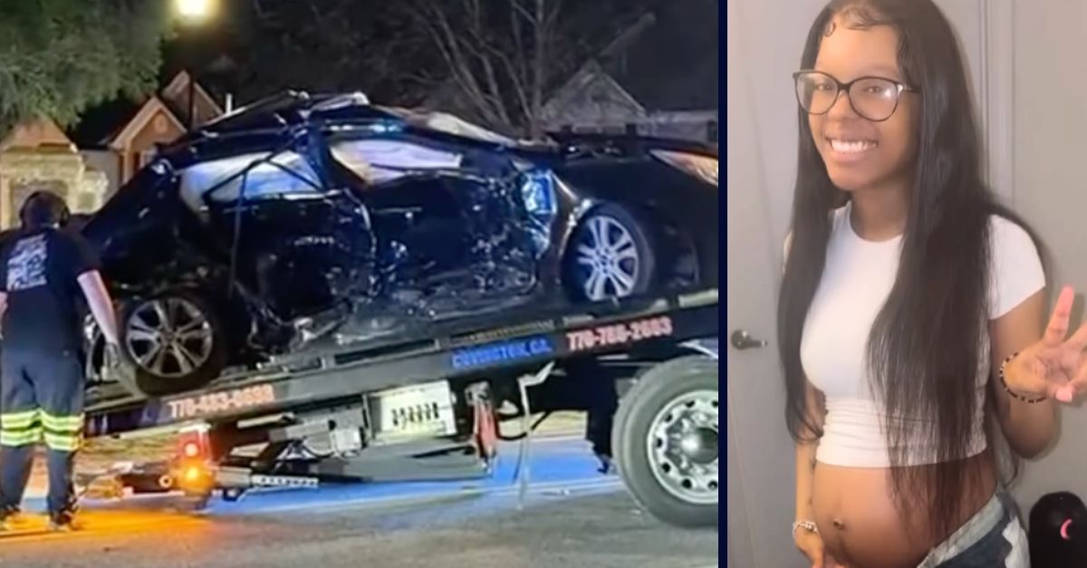 Left: The Hyundai Sonata that pregnant Georgia teen Jaylah Donald was riding in with her mother when a drunk driver allegedly hit it and killed her (WANF/YouTube). Right: Jaylah Donald (GoFundMe/WXIA).