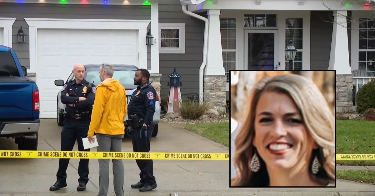 Inset: Jeri Mains (GoFundMe). Background: The Indiana home where Jeri Mains was allegedly shot and killed by her husband in front of their four children (WTHR).