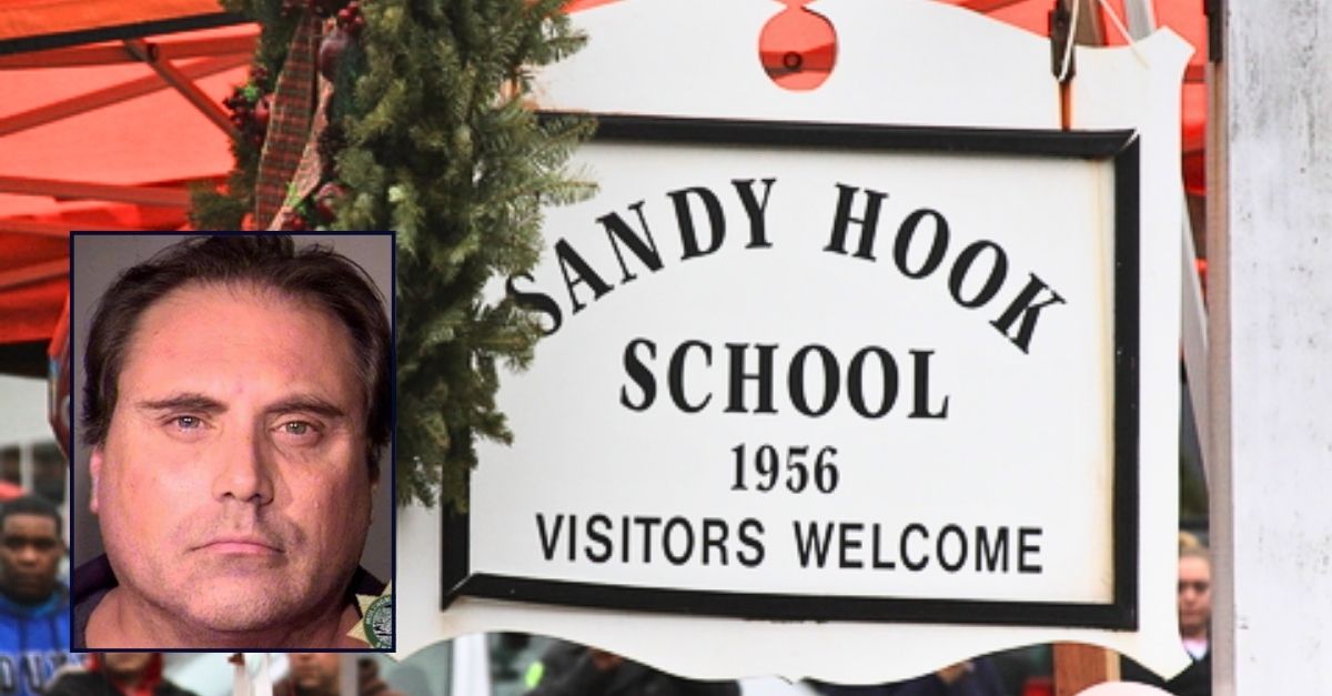 Inset: Kevin Purfield (Multnomah County Sheriff's Office). Background: A sign at Sandy Hook Elementary School in Connecticut, where the 2012 shooting massacre unfolded (Shutterstock).