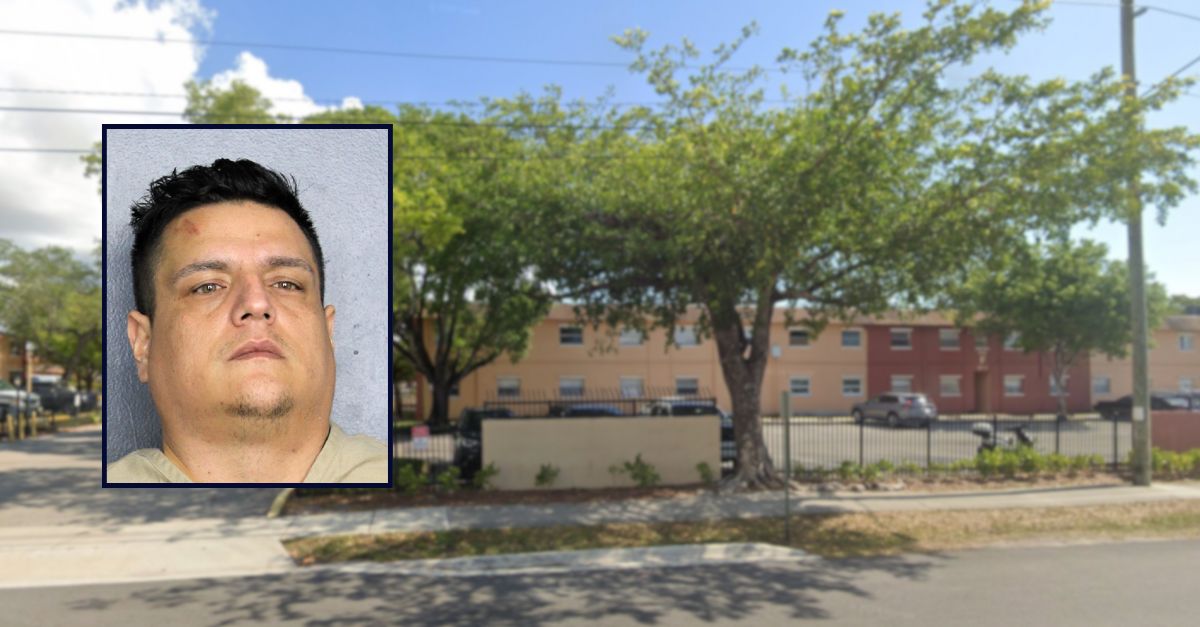 Mario Alejandro Ramirez appears in a booking photo inset against an image of an apartment complex in Florida.