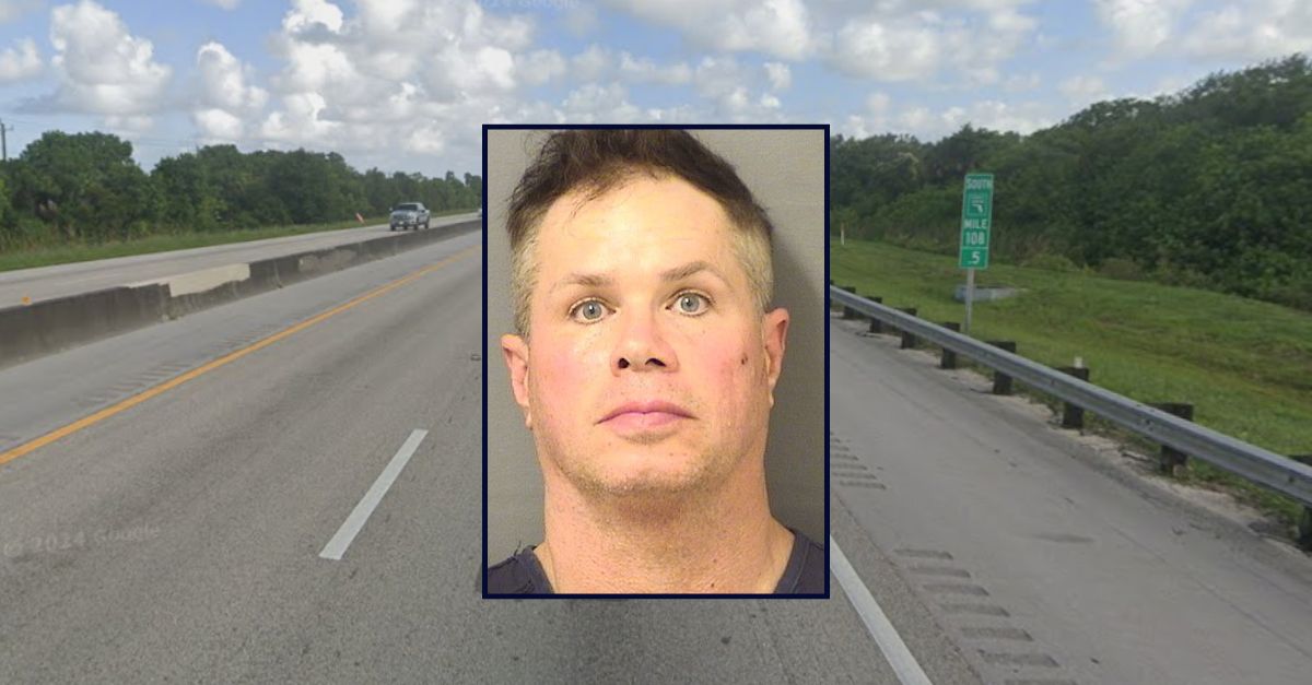 Inset: Mark Ernest Hetzel (Palm Beach County Jail). Background: Florida's Turnpike where Hetzel allegedly followed his ex-girlfriend for 42 miles (Google Maps).